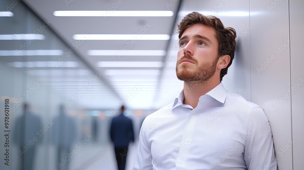 Economic struggle in a corporate hallway, professional man leaning against a wall, deep in thought, blurred motion of passersby, dynamic lighting, contrasting colors, clear emotion Economic struggle in a corporate hallway, professional man leaning against a wall, deep in thought, blurred motion of passersby, dynamic lighting, contrasting colors, clear emotion