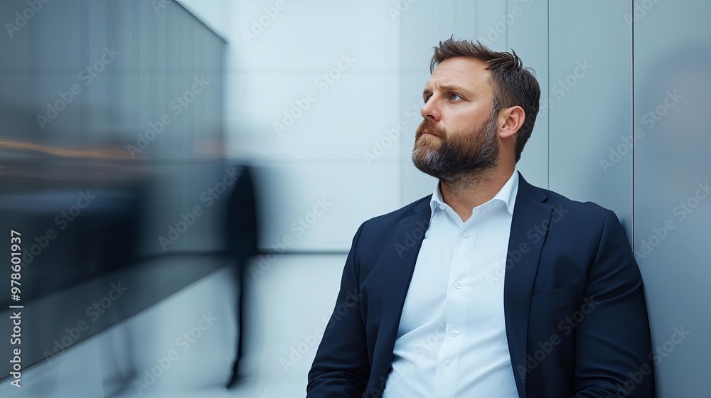 Economic struggle in a corporate hallway, professional man leaning against a wall, deep in thought, blurred motion of passersby, dynamic lighting, contrasting colors, clear emotion Economic struggle in a corporate hallway, professional man leaning against a wall, deep in thought, blurred motion of passersby, dynamic lighting, contrasting colors, clear emotion