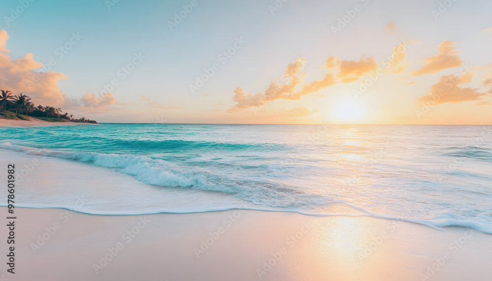 Fototapeta premium Crystal-clear turquoise waters with gentle waves lapping at a pristine beach under a golden sunset