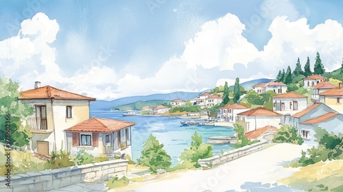 A bustling coastal village with multicolored homes, artistic murals, and a lively port, rendered in the soft hues of watercolor and bold strokes of oil