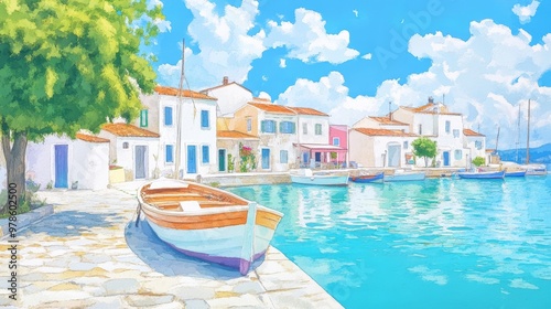 A lively coastal village with pastel-colored homes, intricate street art murals, and a bustling port filled with fishing boats, watercolor and oil painting blend