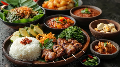 Assorted gourmet Indonesian dishes elegantly presented. Culinary art and international cuisine.  photo