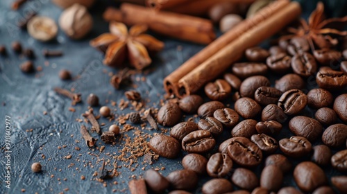 Coffee beans and spices like cinnamon and nutmeg arranged artfully on a table