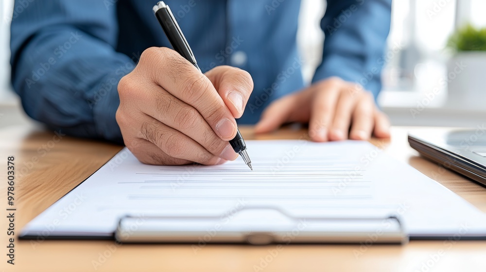 Man signing document with pen at desk. Concept of business agreement and legal paperwork. Man signing document with pen at desk. Concept of business agreement and legal paperwork.