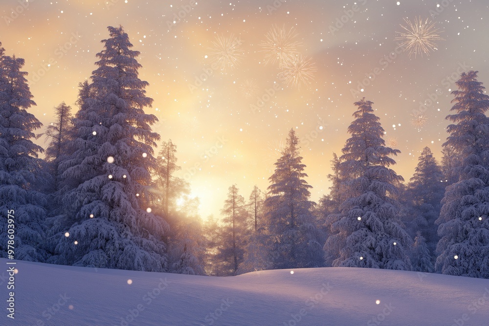 Snowy Pine Trees at Sunset in Winter Forest, Serene Winter Wonderland with Soft Snowfall Snowy Pine Trees at Sunset in Winter Forest, Serene Winter Wonderland with Soft Snowfall