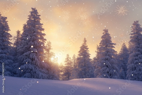 Snowy Pine Trees at Sunset in Winter Forest, Serene Winter Wonderland with Soft Snowfall