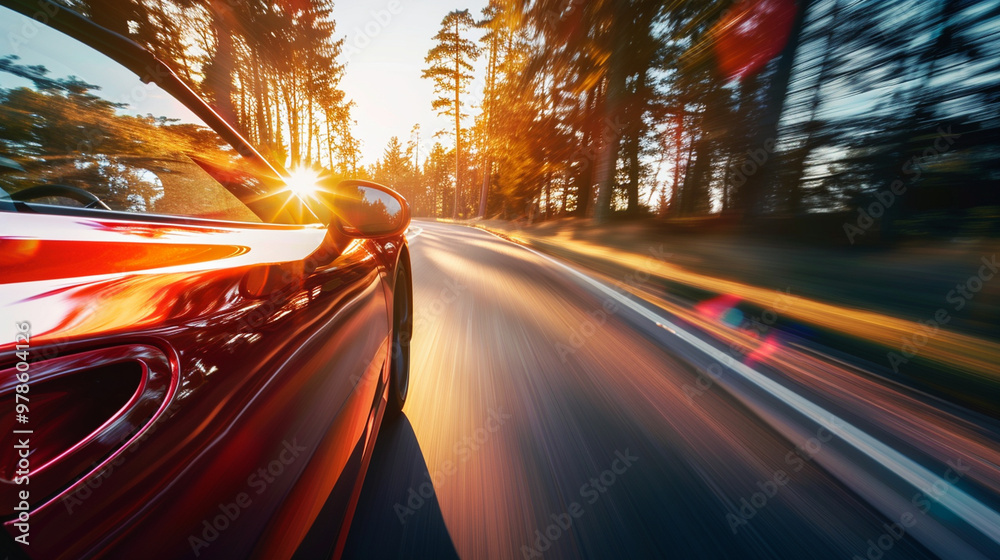 A sports carâs sleek side mirror reflecting the road as the car speeds past, with a blur of motion showing off its high performance. A sports carâs sleek side mirror reflecting the road as the car speeds past, with a blur of motion showing off its high performance.