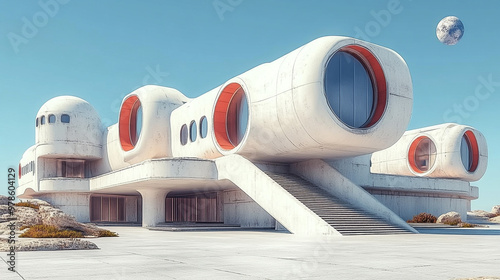 Futuristic architecture showcasing a unique structure with rounded shapes and vibrant accents in a serene landscape.
