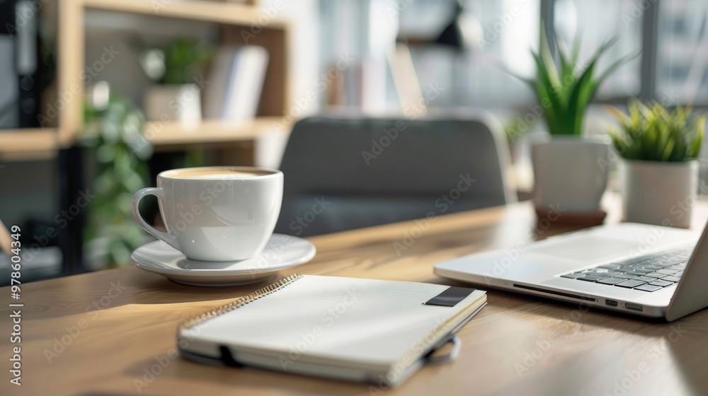 Coffee break at a modern office with a laptop and notebook on the desk Coffee break at a modern office with a laptop and notebook on the desk