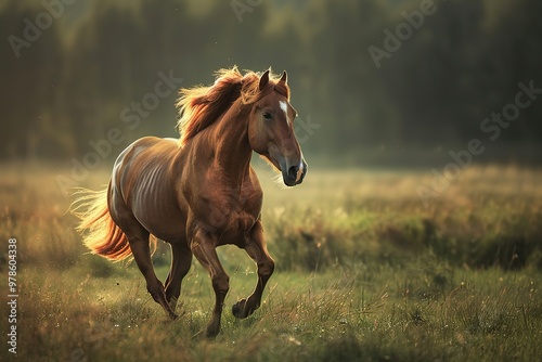 Chestnut horse galloping in sunlit meadow, mane flowing