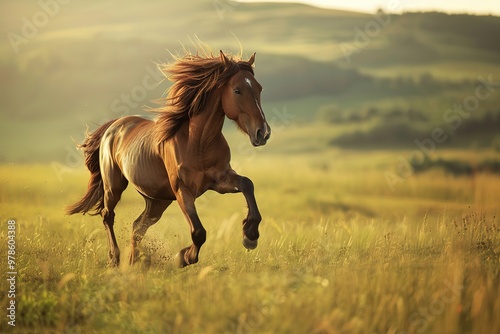 Galloping chestnut horse in sunlit field, dynamic motion, freedo