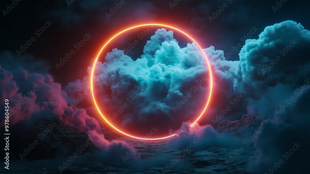 Fototapeta premium A 3D abstract cloud glows with neon light, creating captivating reflections against a dark sky.