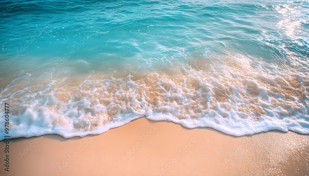 Crystal-clear turquoise waters with gentle waves lapping at a pristine beach under a golden sunset Crystal-clear turquoise waters with gentle waves lapping at a pristine beach under a golden sunset