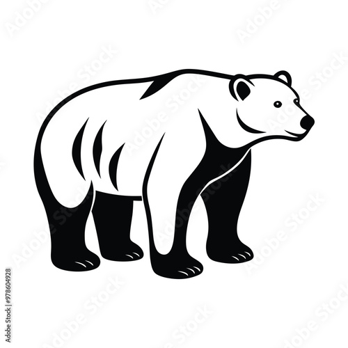 Bear silhouette, black and white illustration, minimalist design, thick outlines, stylized animal art, graphic vector drawing, bold contrast, simplified shapes, iconic wildlife symbol