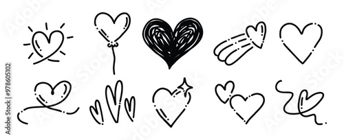 Hand-Drawn Heart Doodle Collection | Vector Heart Icons with Wings, Sparkles, and Cute Elements for Love and Valentine’s Day Design | Abstract Romantic Symbols
