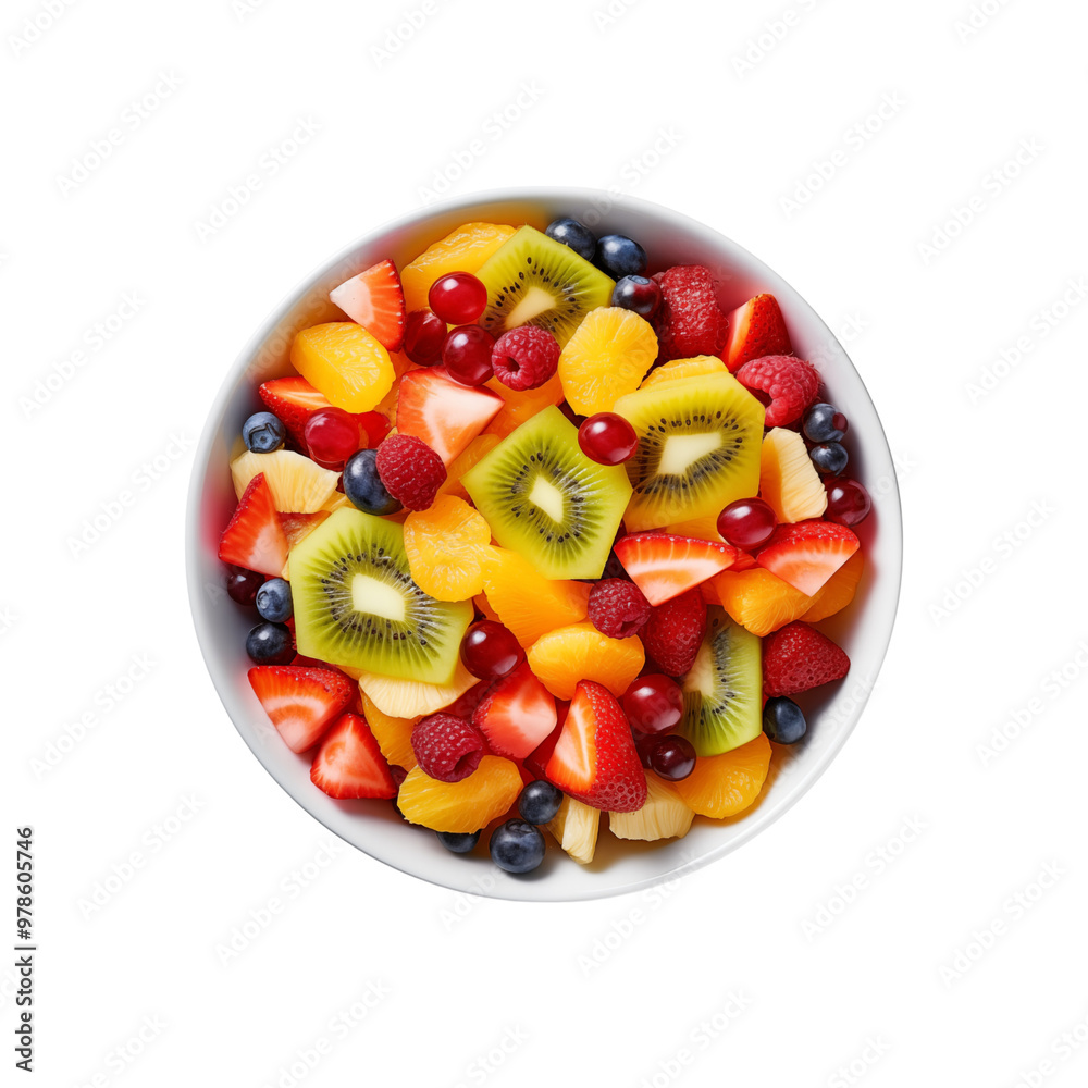 Fresh fruit salad in a white bowl with strawberries, kiwi, pineapple, grapes, and blueberries ideal for healthy eating concepts. Generative AI Fresh fruit salad in a white bowl with strawberries, kiwi, pineapple, grapes, and blueberries ideal for healthy eating concepts. Generative AI