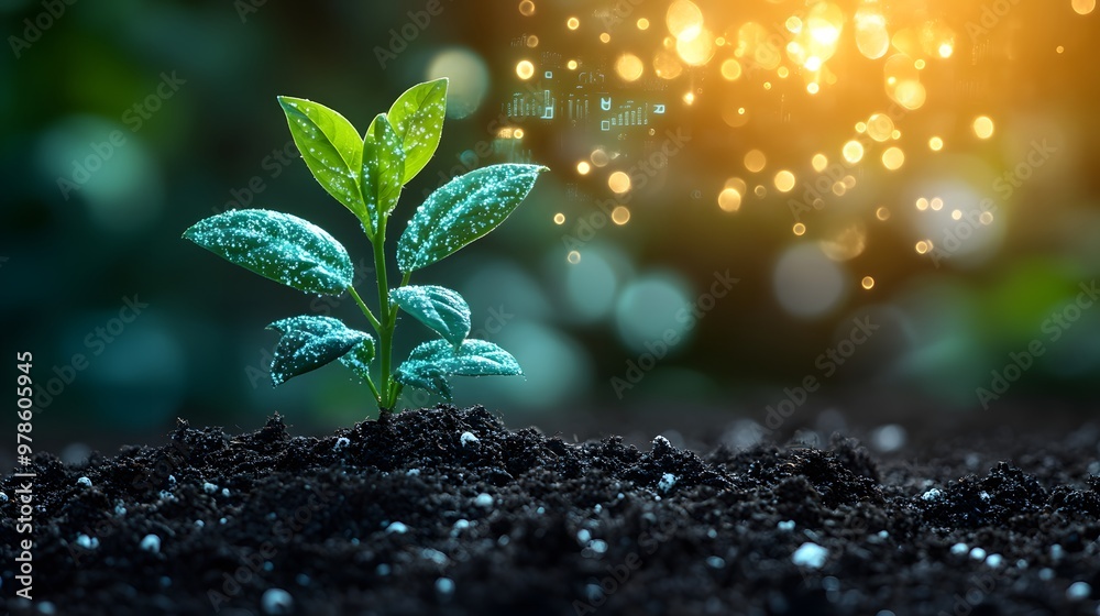 Young plant growing from soil, with data holograms in the background representing business success under bright sunlight. Young plant growing from soil, with data holograms in the background representing business success under bright sunlight.