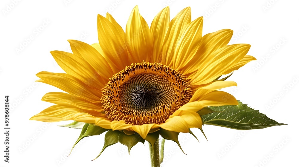 A bright sunflower in full bloom, isolated on whiteThe bold yellow petals and dark center offer a cheerful and clean composition, ideal for summer or nature-themed designs A bright sunflower in full bloom, isolated on whiteThe bold yellow petals and dark center offer a cheerful and clean composition, ideal for summer or nature-themed designs