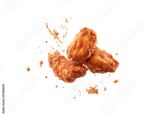 Fried chicken wings falling, creating scattered crumbs. Perfect for food blogs, restaurant menus, or social media posts. Generative AI photo