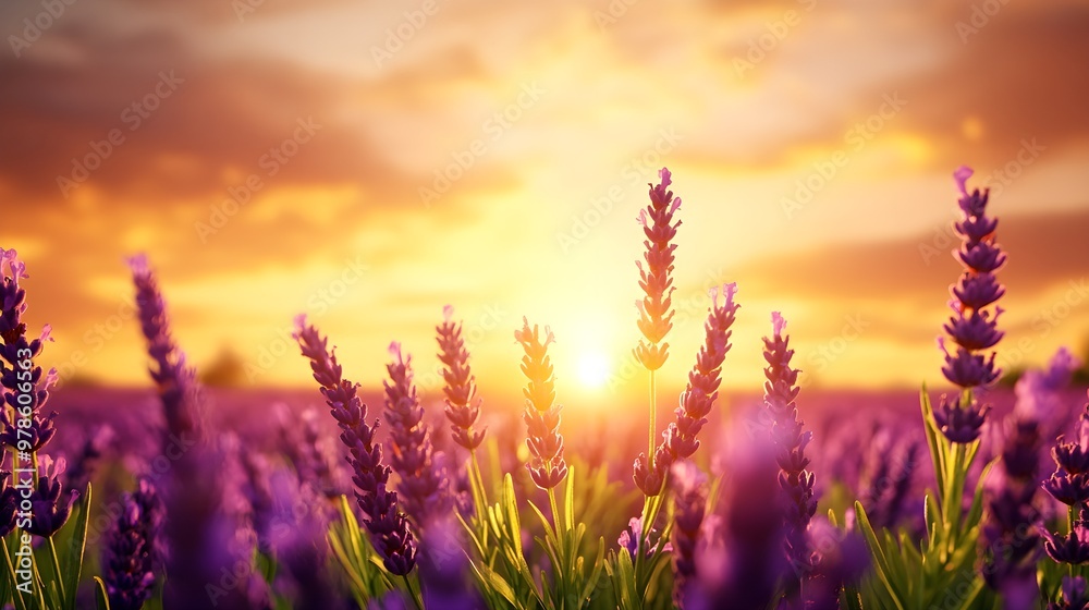A field of lavender under a golden sunset, with rows of purple stretching to the horizonThe warm light creates a serene and tranquil mood, perfect for wellness or aromatherapy themes A field of lavender under a golden sunset, with rows of purple stretching to the horizonThe warm light creates a serene and tranquil mood, perfect for wellness or aromatherapy themes