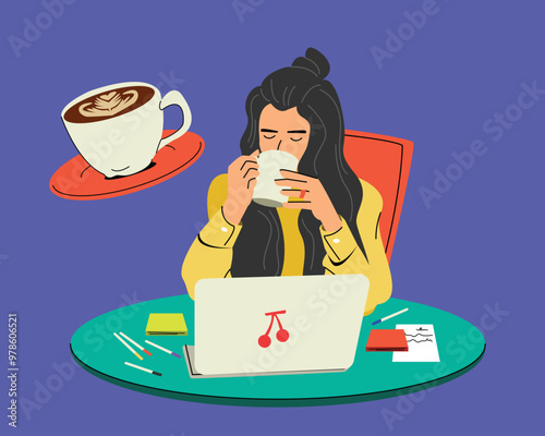 Long hair asian female with drinking coffee while working on her desk