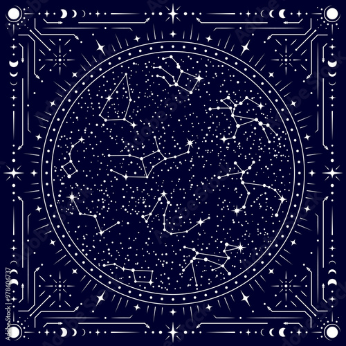 Celestial tarot frame with star constellations map against a dark night sky with stars, framed with patterns of moons, stars, and cosmic symbols, evoking the mysteries of the universe and astrology