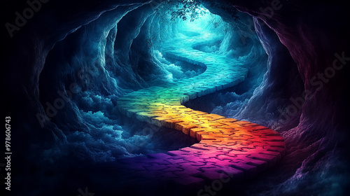 A vibrant, colorful path winds through a mystical cave, inviting exploration and wonder in a surreal landscape.