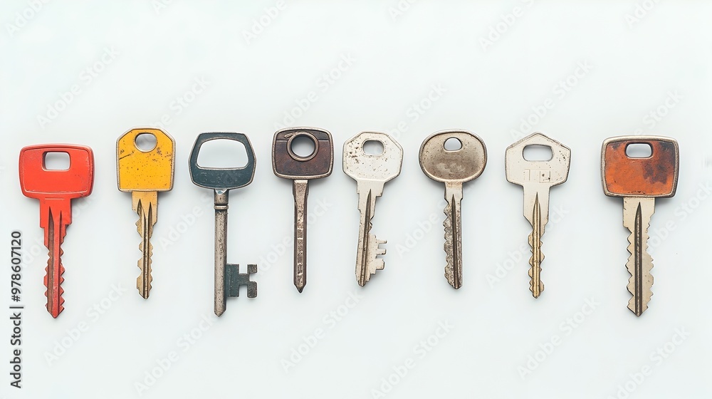 Unique House Keys Displayed in a Minimalistic Row on a White Background Unique House Keys Displayed in a Minimalistic Row on a White Background