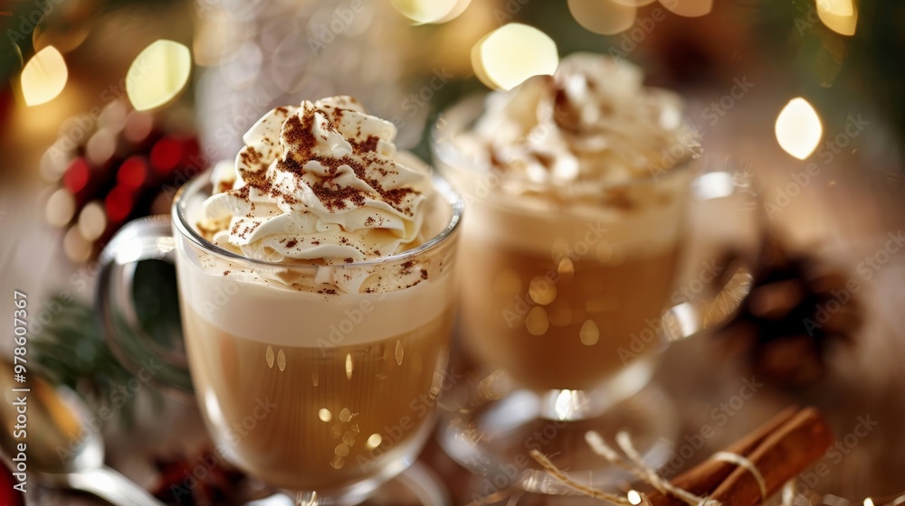 Coffee with whipped cream and a sprinkle of cinnamon in a festive setting Coffee with whipped cream and a sprinkle of cinnamon in a festive setting