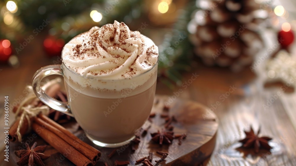 Coffee with whipped cream and a sprinkle of cinnamon in a festive setting Coffee with whipped cream and a sprinkle of cinnamon in a festive setting