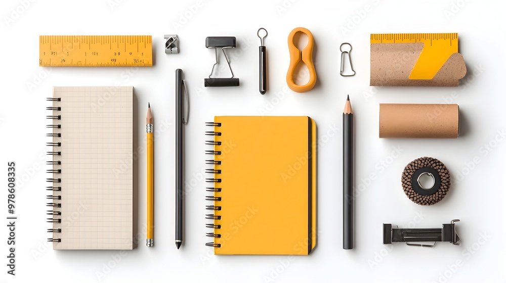 Assortment of Essential Office Stationery and Supplies on Workplace Desk Assortment of Essential Office Stationery and Supplies on Workplace Desk