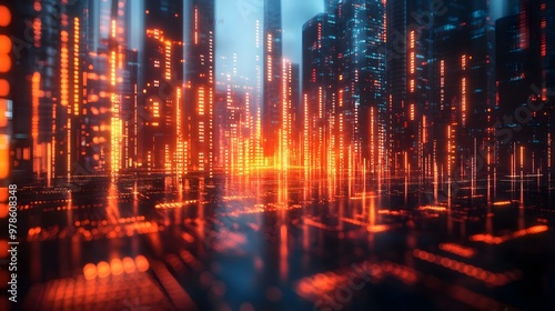 Virtual trading graph floating above a blurred skyscraper background, symbolizing economic growth and finance.