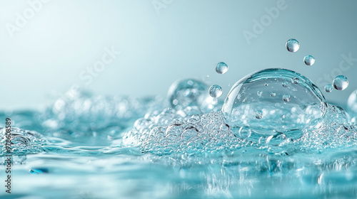 Close-up of water bubbles rising in a clear blue environment, creating a serene and refreshing atmosphere.