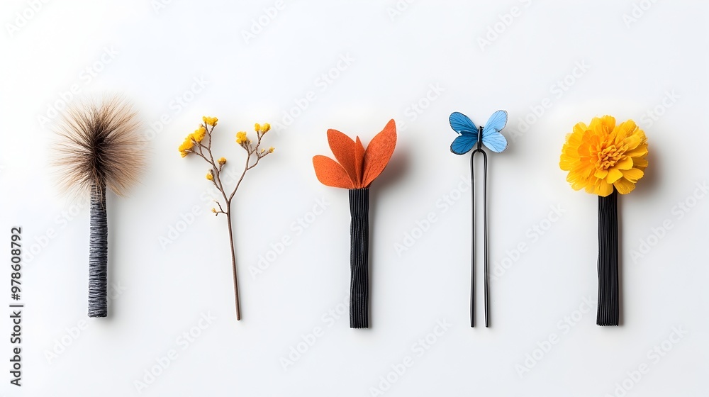 Assortment of Stylish Hair Accessories Displayed on White Background Assortment of Stylish Hair Accessories Displayed on White Background