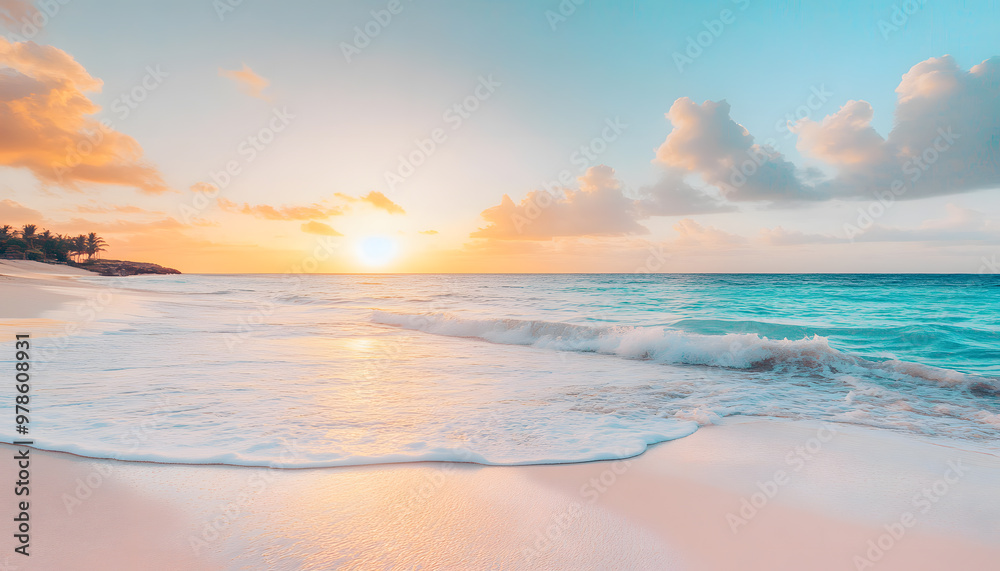 Fototapeta premium Crystal-clear turquoise waters with gentle waves lapping at a pristine beach under a golden sunset