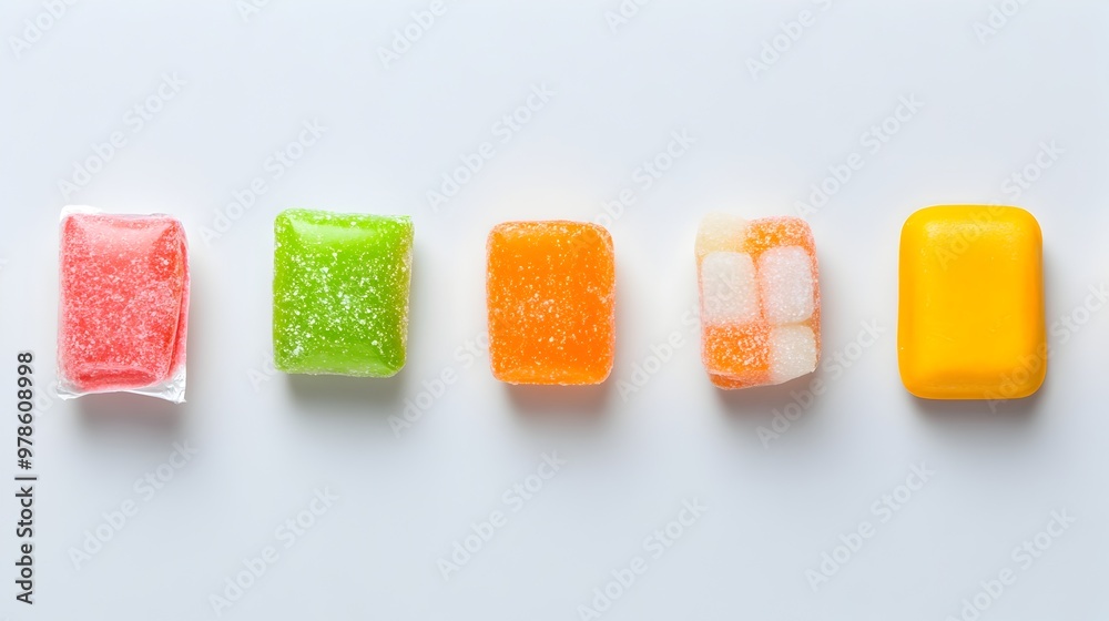 Assortment of Wrapped Candies Displayed in a Row on a White Background Assortment of Wrapped Candies Displayed in a Row on a White Background