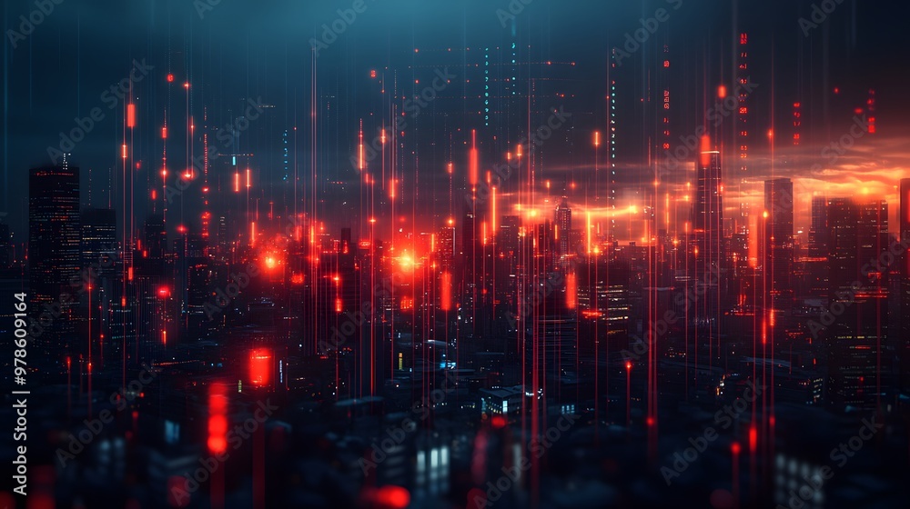 Virtual financial data chart on a blurry cityscape, representing modern trading and global market trends. Virtual financial data chart on a blurry cityscape, representing modern trading and global market trends.