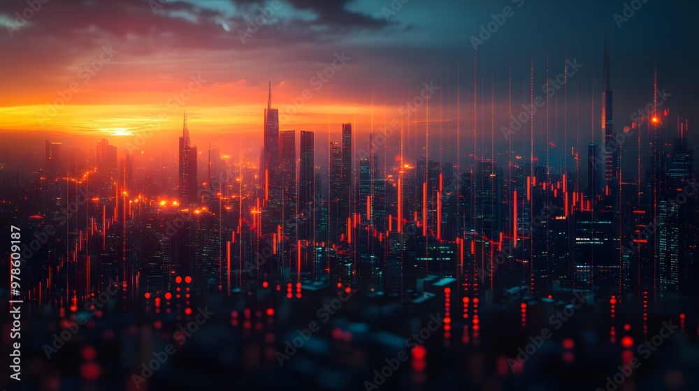Fototapeta premium Virtual financial data chart on a blurry cityscape, representing modern trading and global market trends.