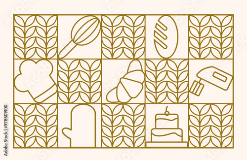 Hand drawn illustration of Bakery and Coffee. Icons. Abstract geometric line background. Gold luxury. Pattern for cover design, food package, menu, background, café wall, coffee shop, web banner