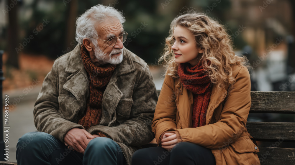 A warm conversation between senior man and his granddaughter in park A warm conversation between senior man and his granddaughter in park