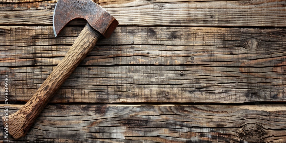 Antique axe placed in a weathered wooden holder Antique axe placed in a weathered wooden holder