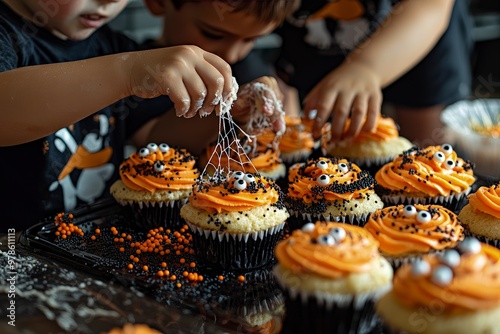 children's hands make Halloween cupcakes on dark background.  Homemade autumn treats and festive decorations