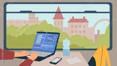 Vector illustration of human hands typing on laptop, at table in train near window with landscape.