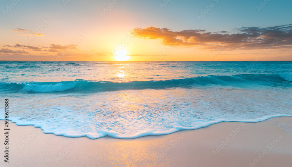 Fototapeta premium Crystal-clear turquoise waters with gentle waves lapping at a pristine beach under a golden sunset