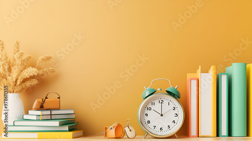 Ready for school concept background with books alarm clock and accessory 3D Rendering 3D Illustration photo