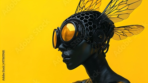 Futuristic Bee-Inspired Portrait: Striking Black and Yellow Design for Bold Sports Interior Decor – A Surreal Fusion of Nature and Technology photo