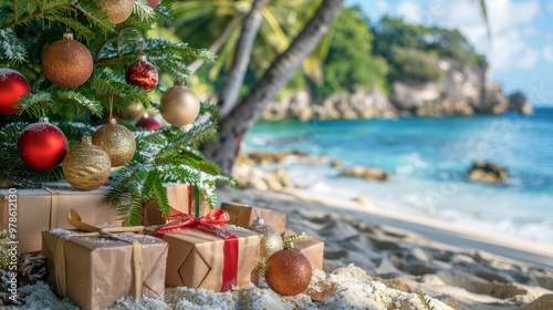 Tropical christmas celebration  palm tree adorned with decorations on a white sand beach scene photo