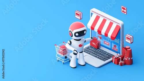 Wallpaper Mural Robotic figure next to a laptop and shopping cart, symbolizing e-commerce automation and digital transactions. Concept of online shopping, AI, and future retail. Torontodigital.ca
