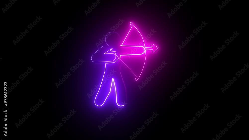 Glowing neon line Bow and arrow icon isolated on black background. boy Silhouette Shooting with Bow Cupid symbol. 4K Video motion graphic animation. Glowing neon line Bow and arrow icon isolated on black background. boy Silhouette Shooting with Bow Cupid symbol. 4K Video motion graphic animation.