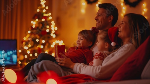 Family is relaxing on the couch, enjoying a christmas movie on a TV together in a cozy living room decorated with a christmas and new year tree and lights. The atmosphere is warm and festive photo